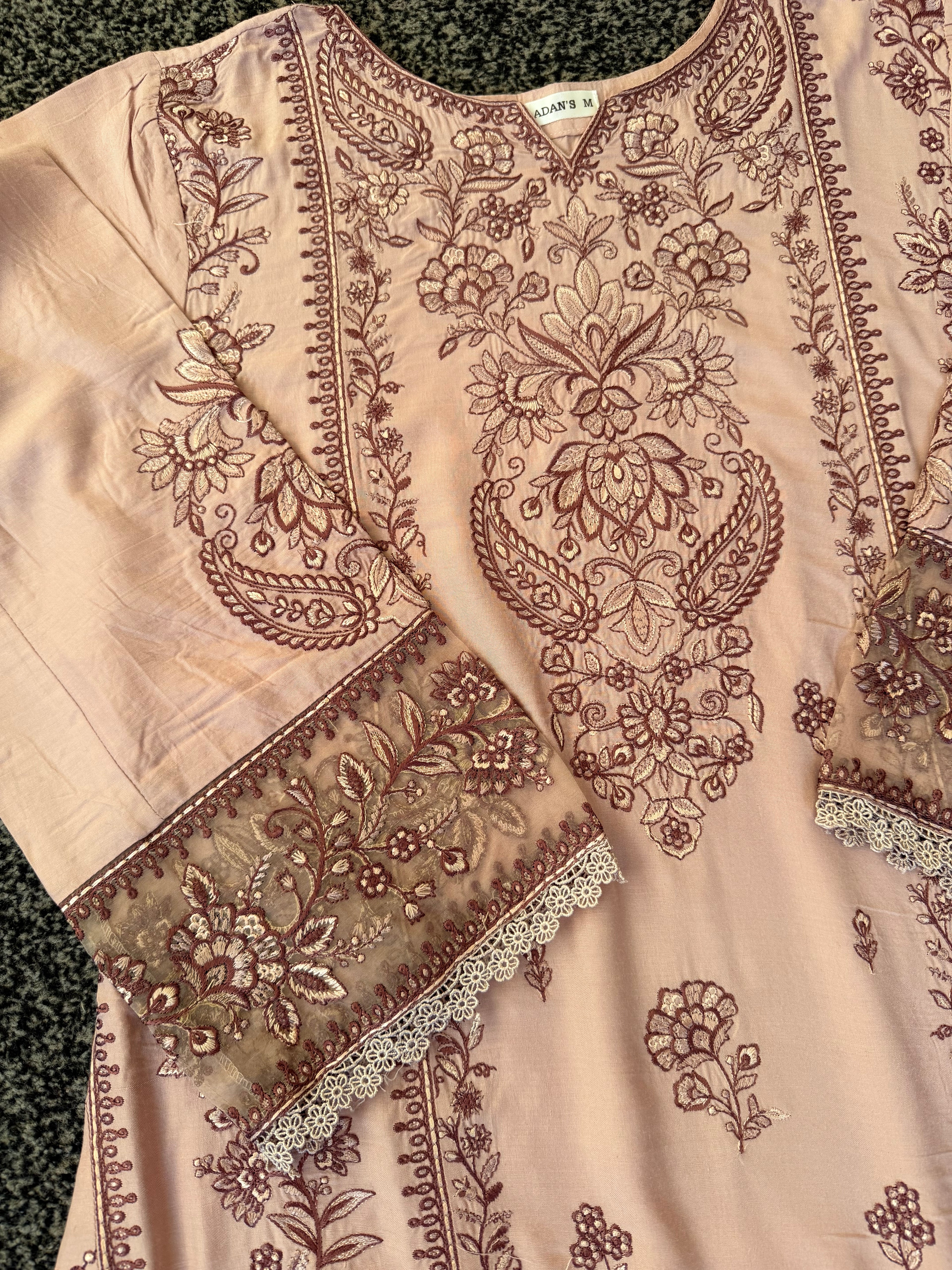 Adan Libas 2 piece Fully Embroided Linen Brown
