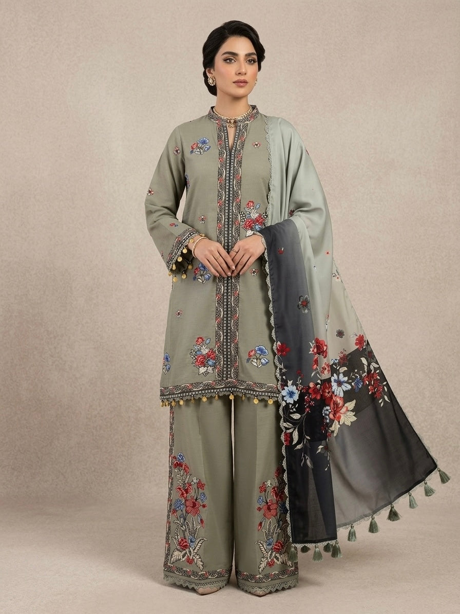 Adan Libas Dhanak 3 piece Green Gray with multi Embroidery