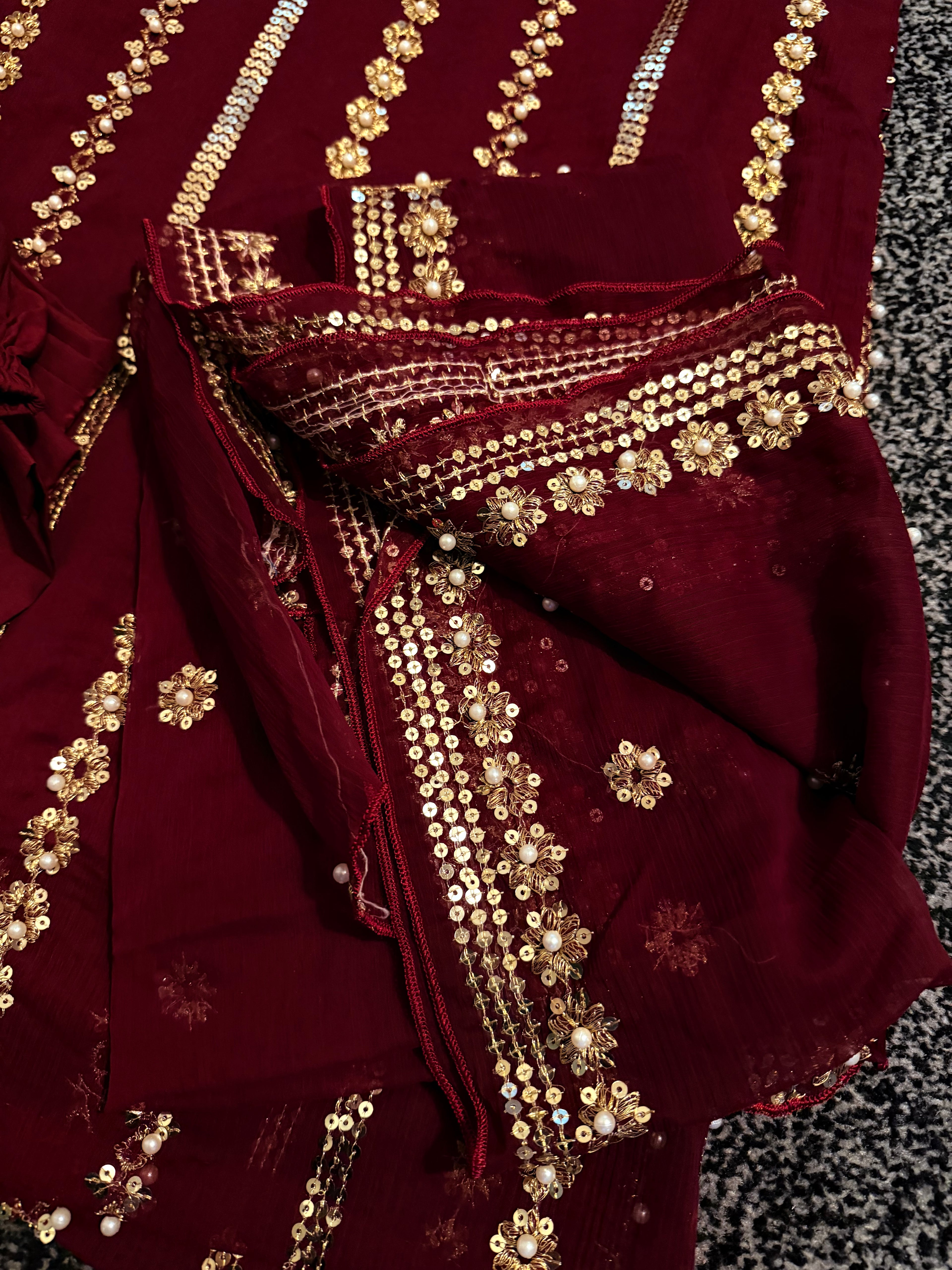 Formal Eid Chiffon 3 piece Maroon