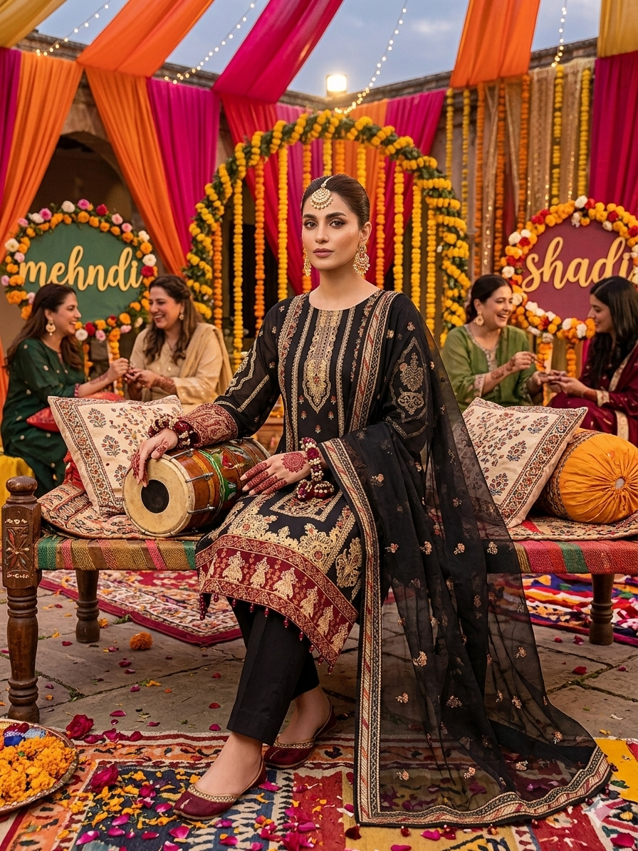 Formal Eid wear Net Sequence Embroided 3 piece Black