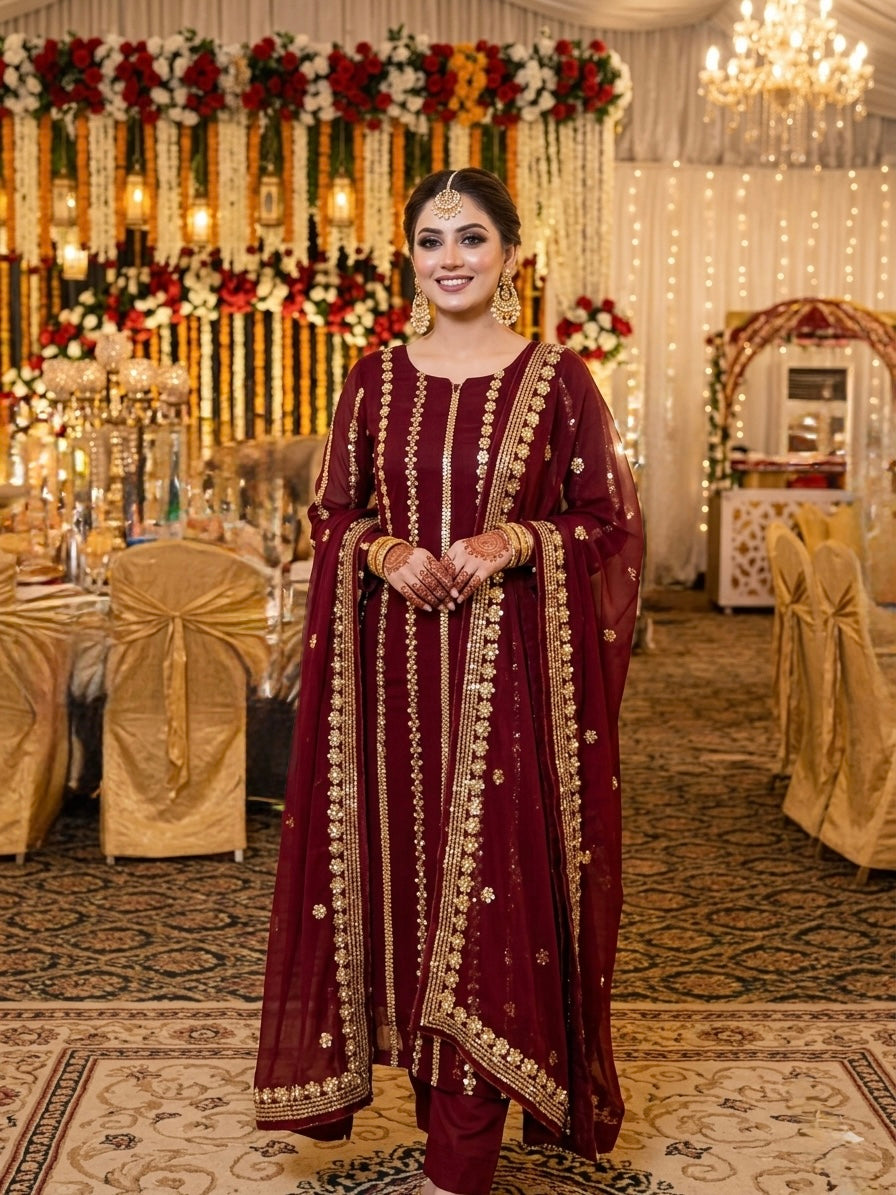 Formal Eid Chiffon 3 piece Maroon