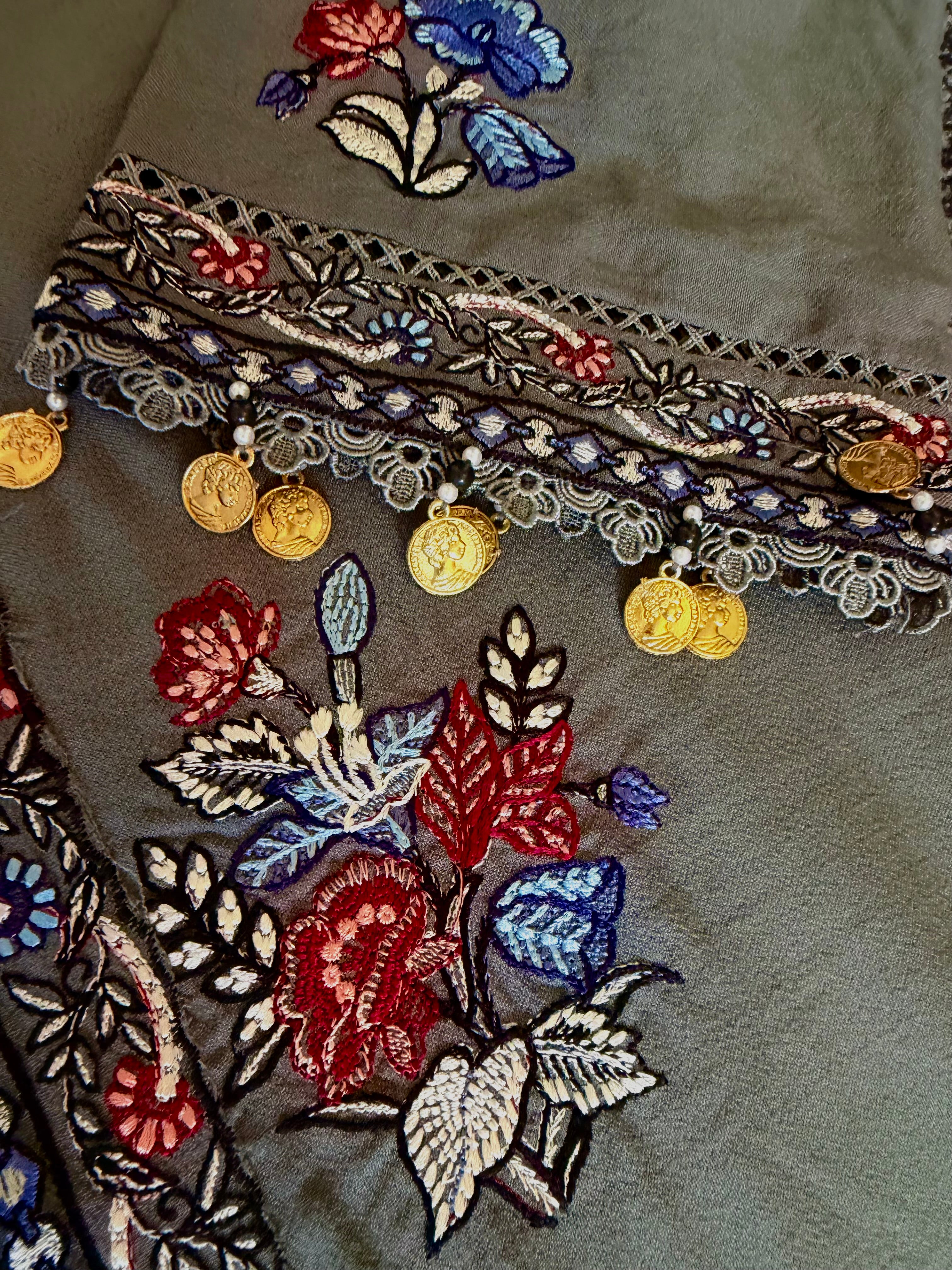 Adan Libas Dhanak 3 piece Green Gray with multi Embroidery