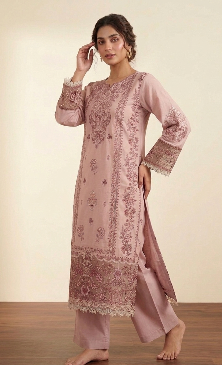 Adan Libas 2 piece Fully Embroided Linen Brown