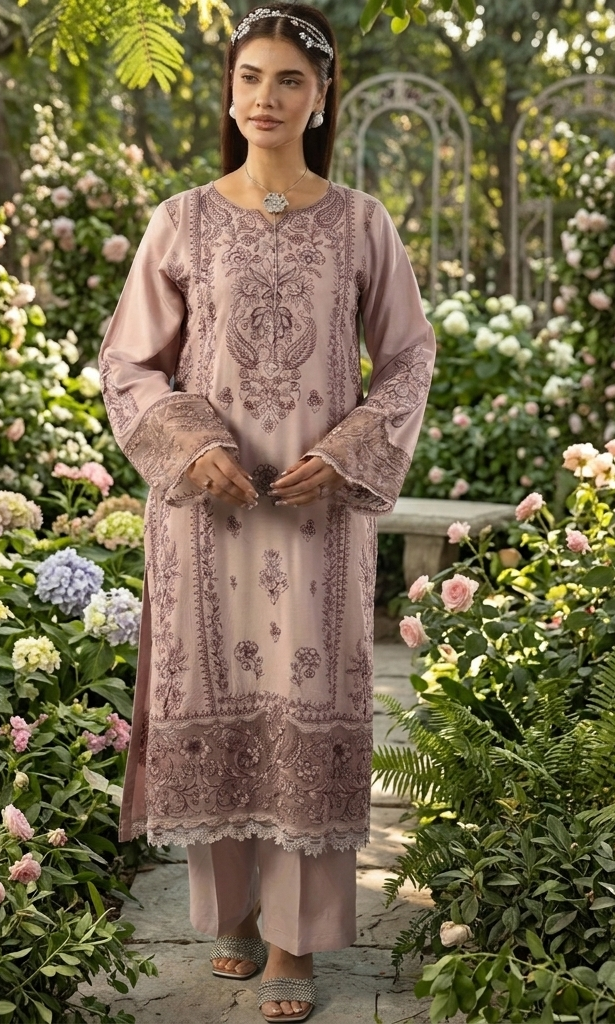 Adan Libas 2 piece Fully Embroided Linen Brown